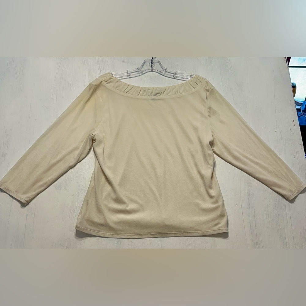 Scott Taylor Cream Nylon Top XL Ruched Scoop Neck 3/4 Sleeve Stretch Blouse - Picture 2 of 9